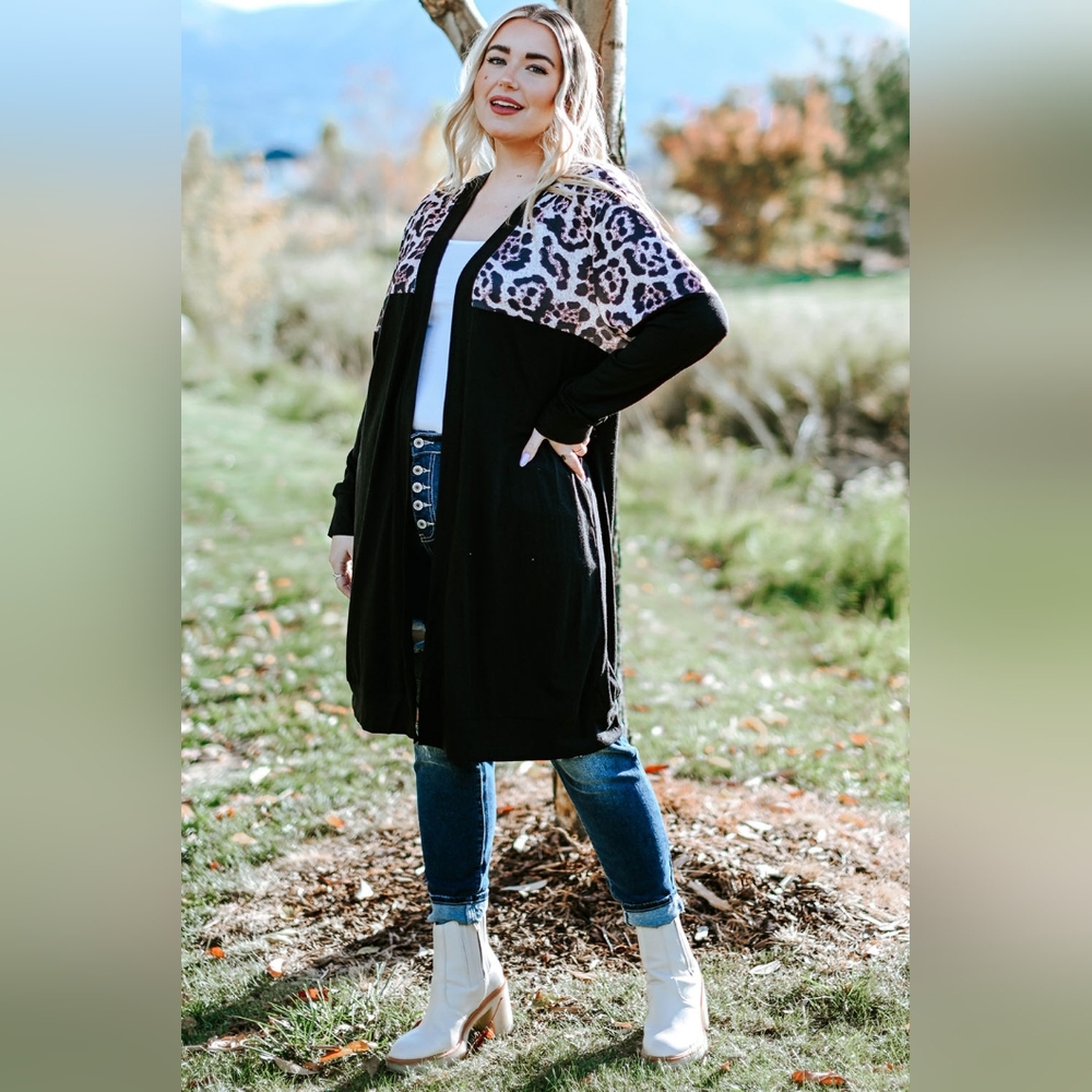 Women's Plus Size Black and Pink Leopard Open Front Cardigan Sweater